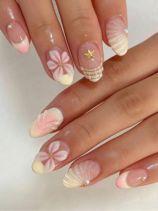 Other - Pink & Yellow Floral Oval Press On Nails